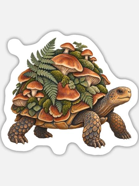 Unterwuchsschildkröte mit Pilzen - Sticker Größe L (20 x 20 cm) - Mattweiß