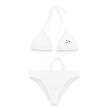 Blauer Jesusfisch Ichthys Jesus Fisch  - Frauen Bikini - Weiß - Vorne - AI Model Female 172 dark (172cm)