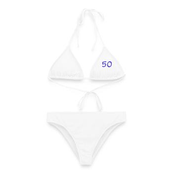 50. 50 JAHRE. 50-JÄHRIGES JUBILÄUM. 50-JÄHRIGES JUBILÄUM. - Frauen Bikini - Weiß - Vorne - AI Model Female 172 dark (172cm)