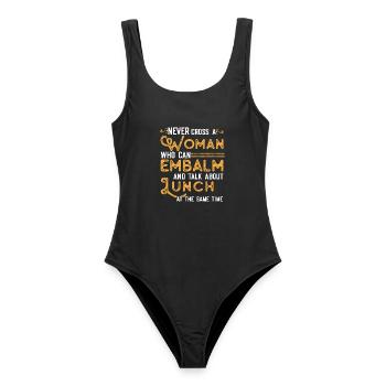 Lustiger Bestatter Spruch - Frauen Badeanzug - Schwarz - Vorne - AI Model Female 172 light (172cm)