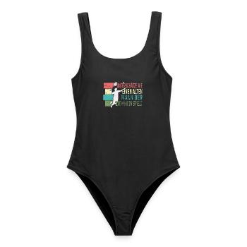 Badminton Alter Mann Badminton spielt - Frauen Badeanzug - Schwarz - Vorne - AI Model Female 172 light (172cm)