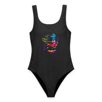 Federnde Trampolin Turnerin Wettkampf - Frauen Badeanzug - Schwarz - Vorne - AI Model Female 172 light (172cm)