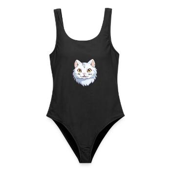 Amerikanische Locke Katze Cartoon Aquarell Illustration - Frauen Badeanzug - Schwarz - Vorne - AI Model Female 172 light (172cm)