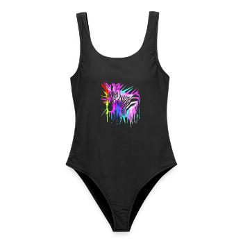 Zebra in Neonfarben bunt - Frauen Badeanzug - Schwarz - Vorne - AI Model Female 172 light (172cm)