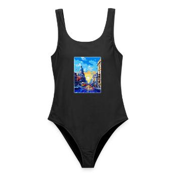 Bucharest Romania Vintage Travel Poster Souvenir - Women's Swimsuit - black - Front - AI Model Female 172 light (172cm)