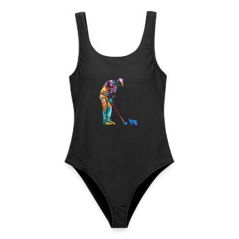 Schlagfertiger Minigolf Bahnprofi - Frauen Badeanzug - Schwarz - Vorne - AI Model Female 172 light (172cm)