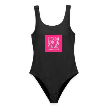 Mundschutz lustig Spruch - lustige Sprüche - Frauen Badeanzug - Schwarz - Vorne - AI Model Female 172 light (172cm)