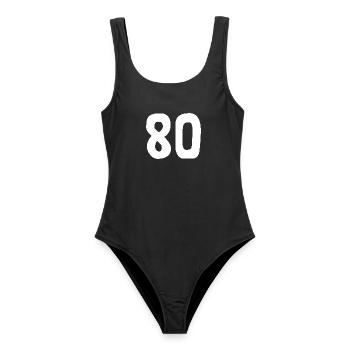 80. 80 JAHRE. 80-JÄHRIGES JUBILÄUM. 80. GEBURTSTAG. - Frauen Badeanzug - Schwarz - Vorne - AI Model Female 172 light (172cm)