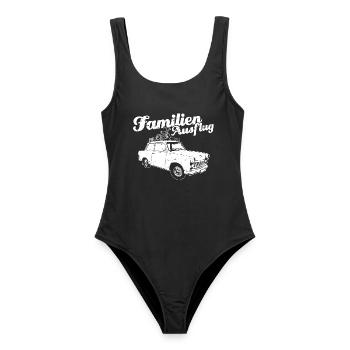 "Familienausflug" DDR Oldtimer Trabi-Motiv - Frauen Badeanzug - Schwarz - Vorne - AI Model Female 172 light (172cm)