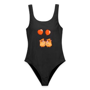 Meerschweinchen, Kawaii, Karikatur, Spielender, Mit, Balloons - Frauen Badeanzug - Schwarz - Vorne - AI Model Female 172 light (172cm)