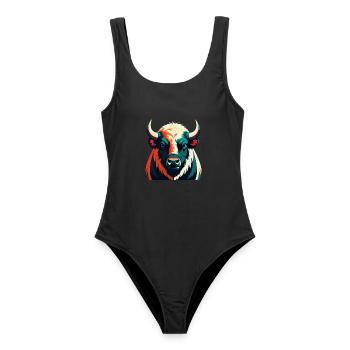 Büffel Zeichentrickfigur Buntes Haustier Tier - Frauen Badeanzug - Schwarz - Vorne - AI Model Female 172 light (172cm)