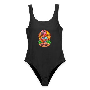 Lustige Flamingo Cartoon Sommer Strand Sonnenbrille - Frauen Badeanzug - Schwarz - Vorne - AI Model Female 172 light (172cm)