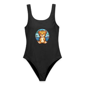 Tiger Lustige Karikatur Kawaii Strand Illustration - Frauen Badeanzug - Schwarz - Vorne - AI Model Female 172 light (172cm)