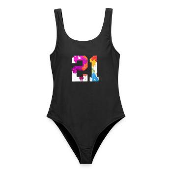FARBIG NUMMER 21 BUNT 21. GEBURTSTAG - Frauen Badeanzug - Schwarz - Vorne - AI Model Female 172 light (172cm)