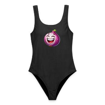 Lachende Cartoon-Zwiebel - Frauen Badeanzug - Schwarz - Vorne - AI Model Female 172 light (172cm)