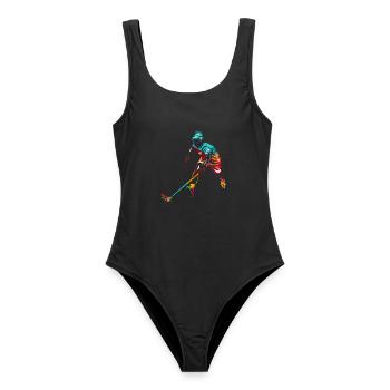 Wachsamer Floorball Schlussmann - Frauen Badeanzug - Schwarz - Vorne - AI Model Female 172 light (172cm)