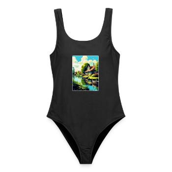 Giethoorn Niederlande Vintage Reiseplakat WPA - Frauen Badeanzug - Schwarz - Vorne - AI Model Female 172 light (172cm)