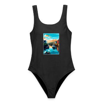 Kingsbridge England Uk Reiseposter Souvenir WPA - Frauen Badeanzug - Schwarz - Vorne - AI Model Female 172 light (172cm)