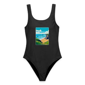 Bedruthan Steps Cornwall England Uk Travel Poster - Women's Swimsuit - black - Front - AI Model Female 172 light (172cm)