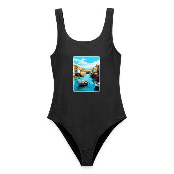 Port Issac England Uk Vintage Reiseposter WPA - Frauen Badeanzug - Schwarz - Vorne - AI Model Female 172 light (172cm)
