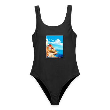 Elafonisos Griechenland Vintage Reiseplakat Souvenir - Frauen Badeanzug - Schwarz - Vorne - AI Model Female 172 light (172cm)