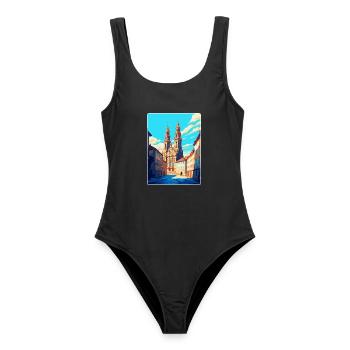 Santiago Spanien Vintage Reiseplakat Souvenir WPA - Frauen Badeanzug - Schwarz - Vorne - AI Model Female 172 light (172cm)