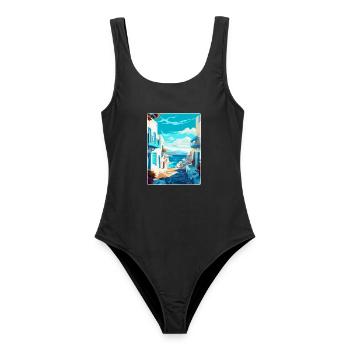 Mykonos Griechenland Vintage Reiseplakat Souvenir WPA - Frauen Badeanzug - Schwarz - Vorne - AI Model Female 172 light (172cm)