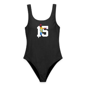 NUMMER 15 BASKETBALL 15. GEBURTSTAG - Frauen Badeanzug - Schwarz - Vorne - AI Model Female 172 light (172cm)