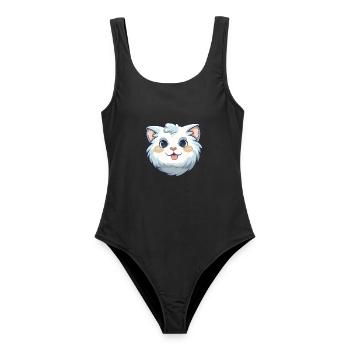Amerikanische Locke Katze Cartoon Aquarell Illustration - Frauen Badeanzug - Schwarz - Vorne - AI Model Female 172 light (172cm)