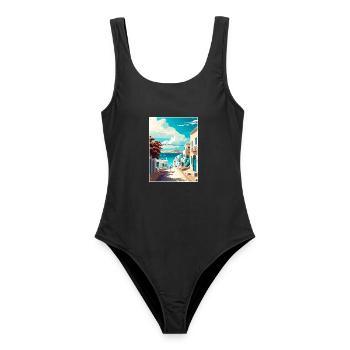 Mykonos Griechenland Dekoration Vintage Reiseposter - Frauen Badeanzug - Schwarz - Vorne - AI Model Female 172 light (172cm)