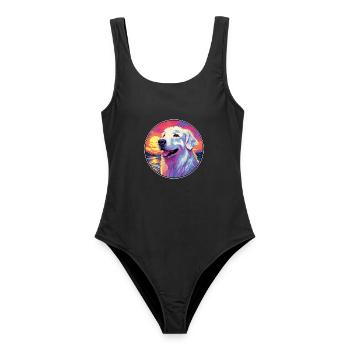 Große Pyrenäen-Hunderasse Bunte Karikatur Watercol - Frauen Badeanzug - Schwarz - Vorne - AI Model Female 172 light (172cm)