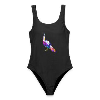 Stolzierender Pfau Federschmuck - Frauen Badeanzug - Schwarz - Vorne - AI Model Female 172 light (172cm)