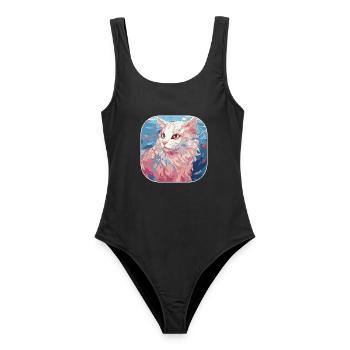 Buntes Aquarellglas der amerikanischen Curl-Katzenrasse - Frauen Badeanzug - Schwarz - Vorne - AI Model Female 172 light (172cm)