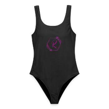 R Monogramm im Hexagon mit Blumen - Frauen Badeanzug - Schwarz - Vorne - AI Model Female 172 light (172cm)