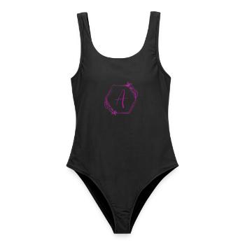 A Monogramm Hexagon Blüten - Frauen Badeanzug - Schwarz - Vorne - AI Model Female 172 light (172cm)