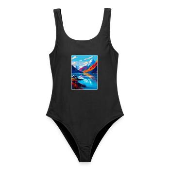 Fjorde Norwegen Vintage Reiseposter WPA Souvenir - Frauen Badeanzug - Schwarz - Vorne - AI Model Female 172 light (172cm)