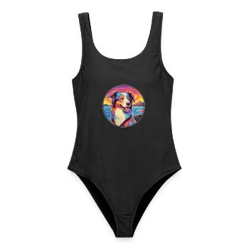 Scotch Collie Hund Rasse Bunte Karikatur Watercolo - Frauen Badeanzug - Schwarz - Vorne - AI Model Female 172 light (172cm)