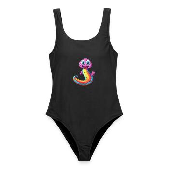 Regenwurm Bunte Aquarell-Karikatur Kawaii Anima - Frauen Badeanzug - Schwarz - Vorne - AI Model Female 172 light (172cm)