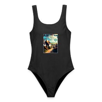 Dunster England Vintage Reiseposter WPA Souvenir - Frauen Badeanzug - Schwarz - Vorne - AI Model Female 172 light (172cm)