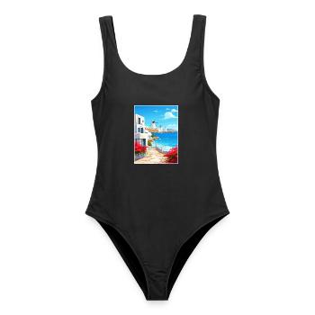 Mykonos Griechenland Dekoration Vintage Reiseposter - Frauen Badeanzug - Schwarz - Vorne - AI Model Female 172 light (172cm)