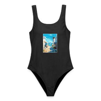 Mykonos Griechenland Dekoration Vintage Reiseposter - Frauen Badeanzug - Schwarz - Vorne - AI Model Female 172 light (172cm)