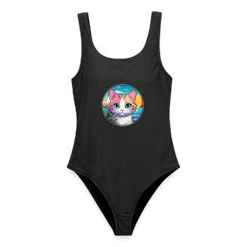 Hantilly Tiffany Katze Aquarell Cartoon Kawaii - Frauen Badeanzug - Schwarz - Vorne - AI Model Female 172 light (172cm)