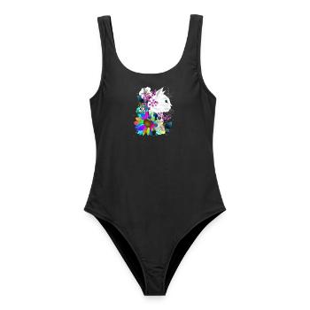 weiße Katze in bunten Fantasie Blumen - Frauen Badeanzug - Schwarz - Vorne - AI Model Female 172 light (172cm)
