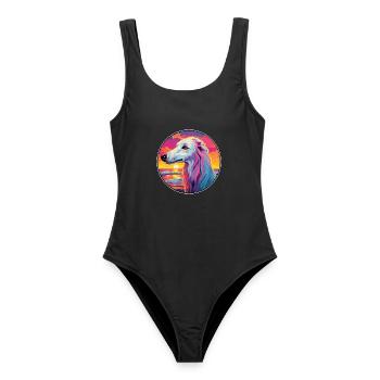 Barsoi Hund Rasse Bunte Karikatur Aquarell - Frauen Badeanzug - Schwarz - Vorne - AI Model Female 172 light (172cm)