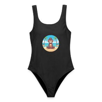 Pavian-Karikatur-Yoga-Strand-Sommer-Illustration - Frauen Badeanzug - Schwarz - Vorne - AI Model Female 172 light (172cm)