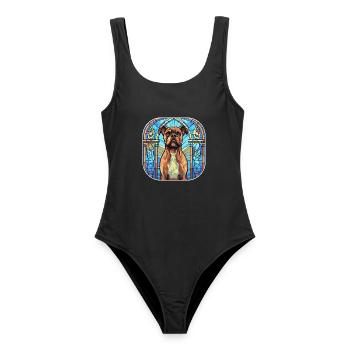 Bunte Boxerhundrasse Aquarellglasmalerei - Frauen Badeanzug - Schwarz - Vorne - AI Model Female 172 light (172cm)
