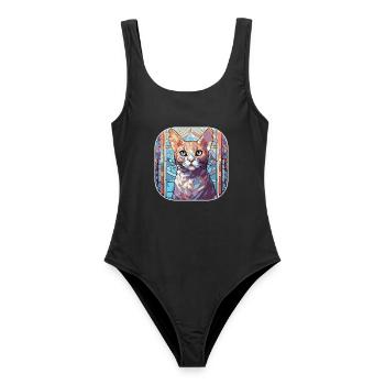 Bunte ägyptische Mau Katzenrasse Aquarellfarbe - Frauen Badeanzug - Schwarz - Vorne - AI Model Female 172 light (172cm)
