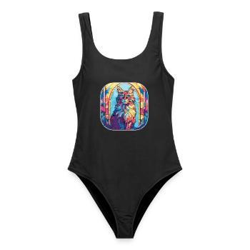 Buntes Aquarell der amerikanischen Bobtail-Katzenrasse - Frauen Badeanzug - Schwarz - Vorne - AI Model Female 172 light (172cm)