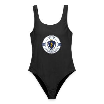 Boston Massachusetts Flagge USA Souvenir Abzeichen - Frauen Badeanzug - Schwarz - Vorne - AI Model Female 172 light (172cm)