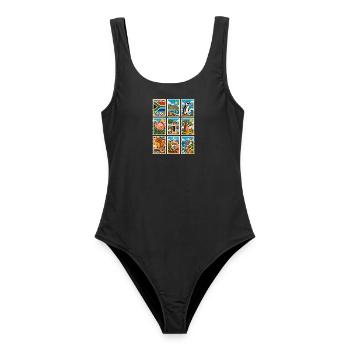Südafrika Briefmarken - Frauen Badeanzug - Schwarz - Vorne - AI Model Female 172 light (172cm)